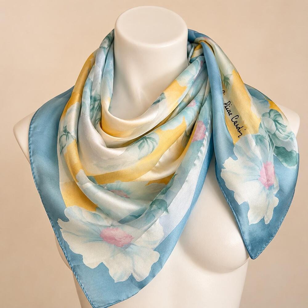 Vintage Pierre Cardin Paris Silk Scarf 34” Watercolor Floral Blue Yellow 1980s - Picture 10 of 10